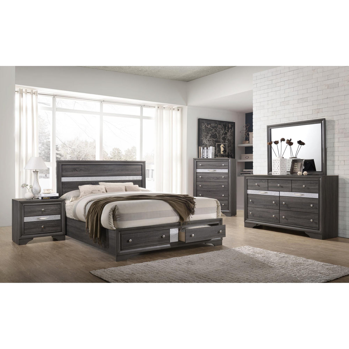 Traditional Style Full 5pc Storage Bedroom Set made with Wood in Gray