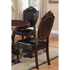 Paradise Majestic Formal Set of 2 Side Chairs Brown Color Rubberwood Dining Room Furniture Intricate Design Faux Leather Upholstered Seat
