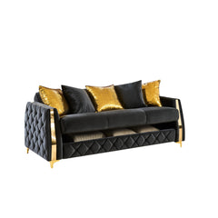 Haven Upholstered Sofa in Black Fabric with Gold Stainless Steel Legs, Foam Cushioning and Sturdy Wood Frame