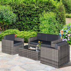4 Piece Wicker Patio Furniture Set with Cushions, Outdoor Sectional Furniture with 2 Sofa, Loveseat, and Glass Top Coffee Table, Conversation Sofa Sets for Garden, Black