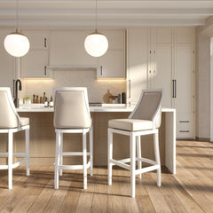 Swivel 31"H Bar Stool with Tall Back, White with Gray Faux-Leather Seat, 1PC