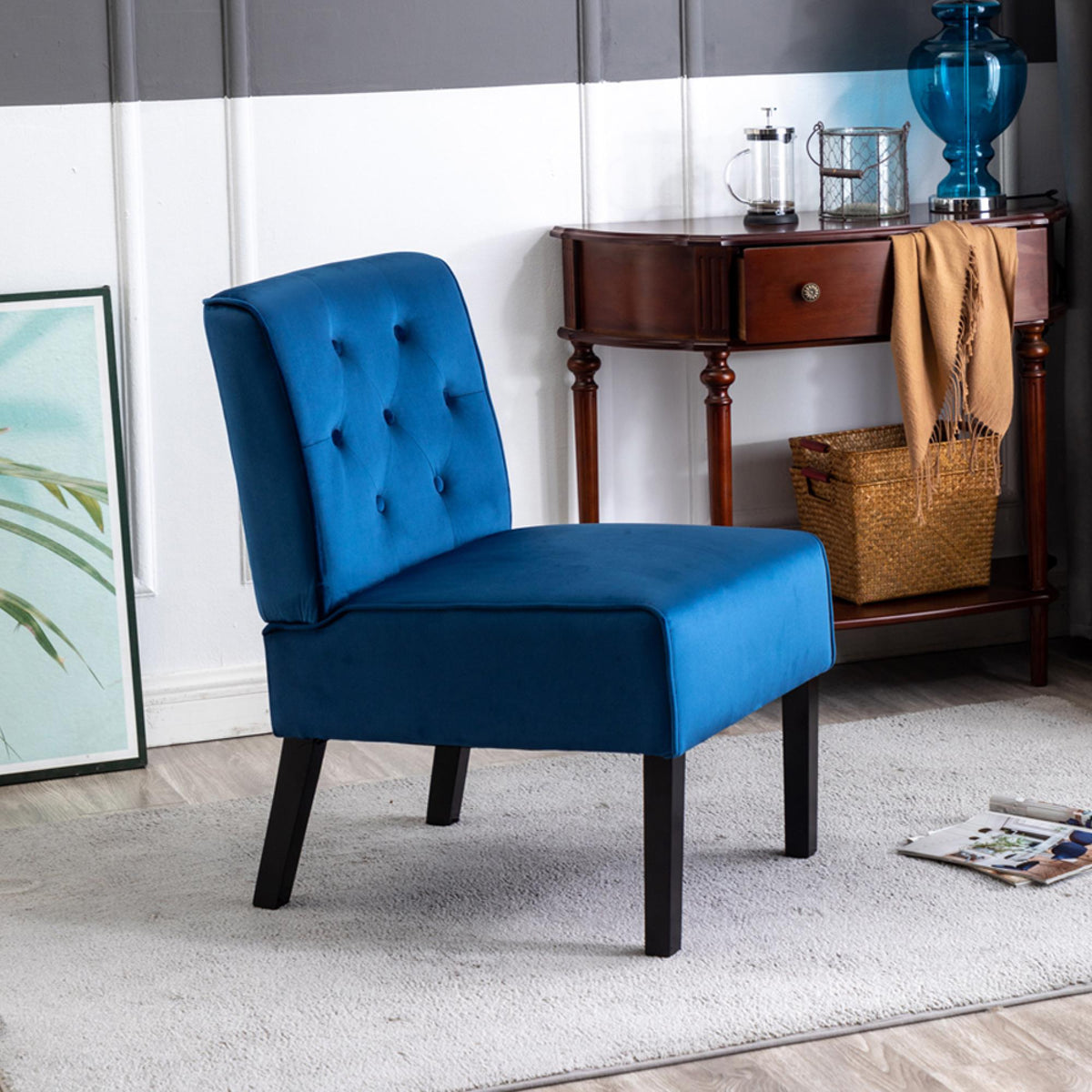 Venus 53" 2Piece Living Room Armless Button Tufted Pattern Accent Chair with Velvet Fabric and Premium High Density Foam Cushion, Dark Blue
