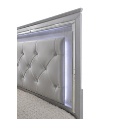 1pc Modern King LED Faux Leather Upholstery Panel Bed Beveled Mirror Accents Textured Footboard Silver Beige Finish