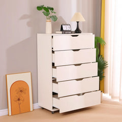 White 5-Drawer Dresser with Wheels – Modern Storage Cabinet