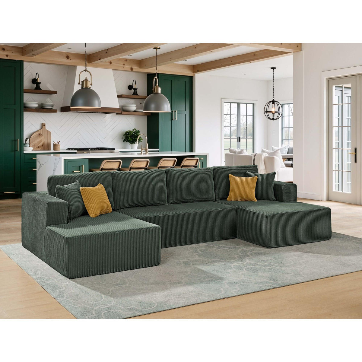 Full Compressed Corduroy Upholstered Sectional with Double Chaise - No Assembly Needed