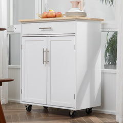 Kitchen Island Cart, Rolling Island Table with Solid Wood Top, Trolley Cart with Drawer, Storage Cabinet & Towel Rack, White