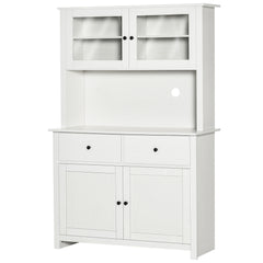 63.5" Kitchen Buffet with Hutch, Pantry Storage Cabinet with 4 Shelves, Drawers, Framed Glass Doors, Open Microwave Countertop, Antique White