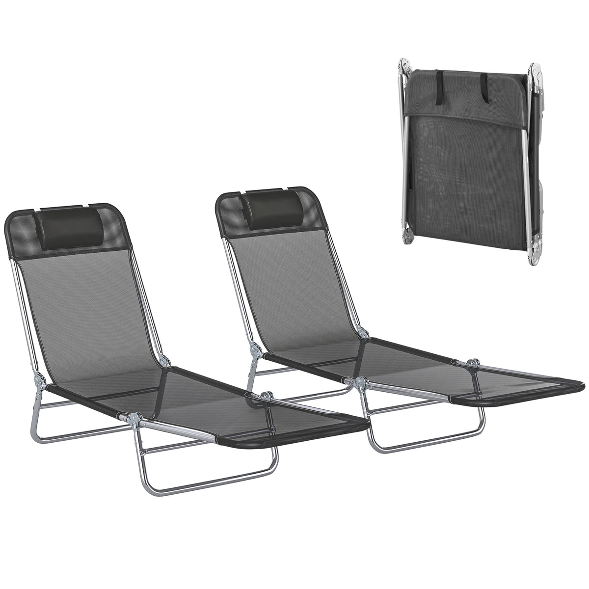 2 Piece Sun Loungers, Folding Chaise Lounge Chairs with Reclining Back, Breathable Mesh Seat, Headrest, Black