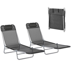 2 Piece Sun Loungers, Folding Chaise Lounge Chairs with Reclining Back, Breathable Mesh Seat, Headrest, Black