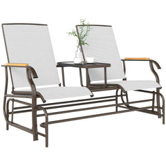Outdoor 2-Person Glider Bench, Outside Glider Swing Chair Loveseat with Table, Steel Frame, Cream White