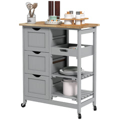Rolling Kitchen Cart, Kitchen Island with Wood Top, Shelves & Drawers for Dining Area, Gray