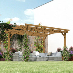 10' x 12' Wood Pergola, Outdoor Gazebo Grape Trellis with Arched Roof for Climbing Plant Support, Dark Brown