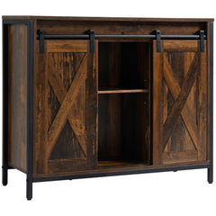 Industrial Sideboard Buffet Cabinet, Coffee Bar Cabinet, Kitchen Cabinet with Sliding Barn Doors, Storage Cabinets and Adjustable Shelves for Living Room, Home Bar, Rustic Brown