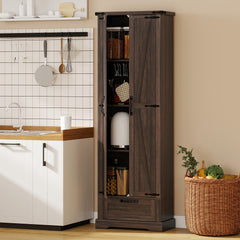 71" Pantry Cabinet, Kitchen Storage Cabinet with Adjustable Shelves, Barn Doors and Drawer for Dining Room, Brown