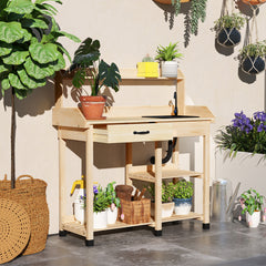 Potting Bench Table, Outdoor Garden Table Wooden Work Station with Removable Sink, Faucet, Drawer, Shelves, Hooks, Natural Wood
