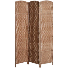 6' Tall Wicker Weave 3 Panel Room Divider Wall Divider, Natural Wood