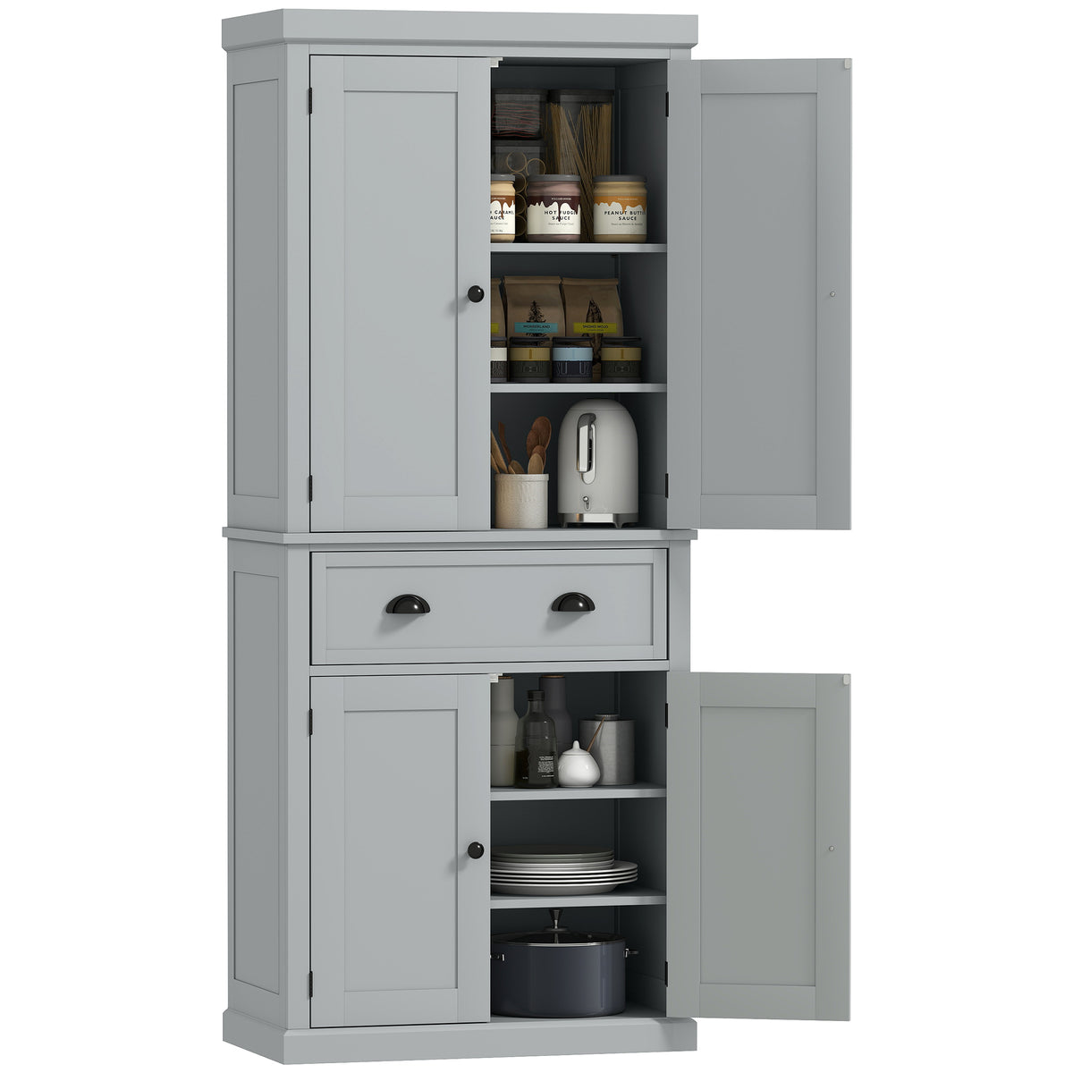 72.5" Kitchen Cabinet, Pantry Storage Cabinet with Doors and Shelves, Freestanding Food Pantry Cabinet, Gray