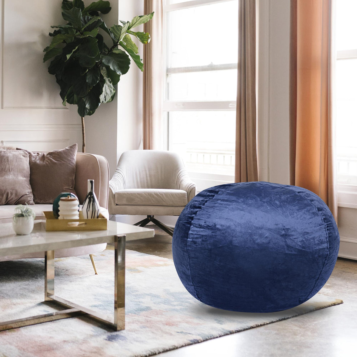Sanctuary Velvet Bean Bag Chair, Navy-5ft Plush Floor Chair for Kids and Adults w/ Washable Cover, Lounge Chair with Stretchable Fabric, Comfy Bedroom Chair, Filled with Shredded and Memory Foam.