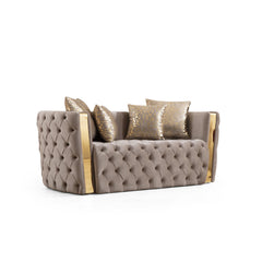 Revelation Button Tufted Loveseat with Velvet Fabric and Gold Accent in Taupe