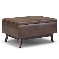 Hecuba 34 inch Wide Tray Top Small Coffee Table Storage Ottoman in Distressed Chestnut Brown Vegan Leather