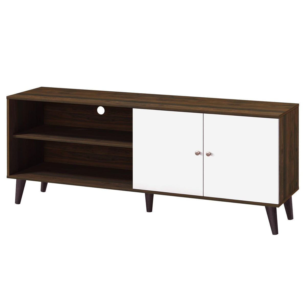 Tale TV Stand for TVs up to 63", with 2 Storage Shelves& 1 Cabinet, Modern Entertainment Centre for TV in Living Room in Walnut +White
