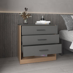 Clytemnestra 27" High Three Drawer Dresser And Open Shelf, Bedroom, Entryway, Side Board, Matte Gray - Natural Oak