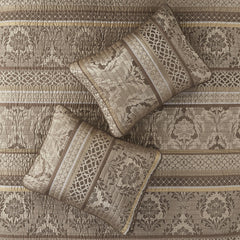 6 Piece Jacquard Quilt Set with Throw Pillows Brown/Gold King/Cal King