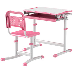 Height Adjustable Kids Desk and Chairs Set with Tilt Desktop, Storage Drawer, Pen Slot, Hook, Pink