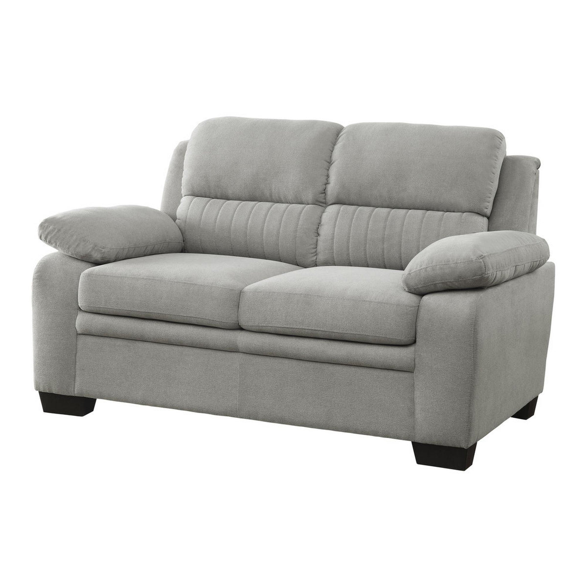 Aeneas 58 Inch Loveseat, Gray Polyester, Soft Foam Cushioned, Solid Wood