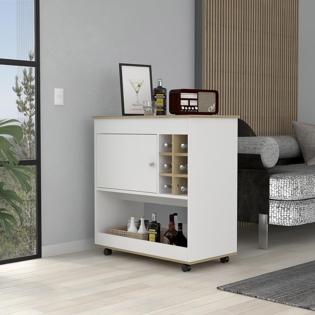 Armageddon 1-Shelf 6-Bottle Bar Cart Light Oak and White