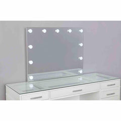 Glam Style 1pc Vanity w/ Padded Stool Set 8mm Glass Top Storage Drawers LED On Mirror Luminous White Finish Bedroom Furniture