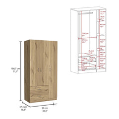 Crown 3 Door Armoire with Drawers, Shelves, and Hanging Rod -Light Oak / Black