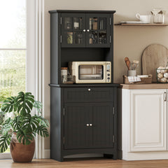 Elegant Buffet with Hutch, Kitchen Pantry Storage Cabinet with Framed Glass Door Drawer and Microwave Space for Dining Room, Living Room, Black