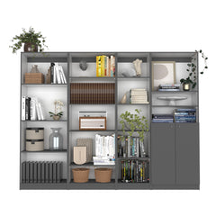 Nebula 4 Piece Home Bookcase set, 91" Wide with 17 Shelves And a Double-Door Cabinet , Living Room Set Matt Gray / White