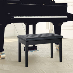 Piano Bench, Duet Piano Chair with Faux Leather Padded Cushion and Wooden Frame, Button Tufted Keyboard Bench, Black