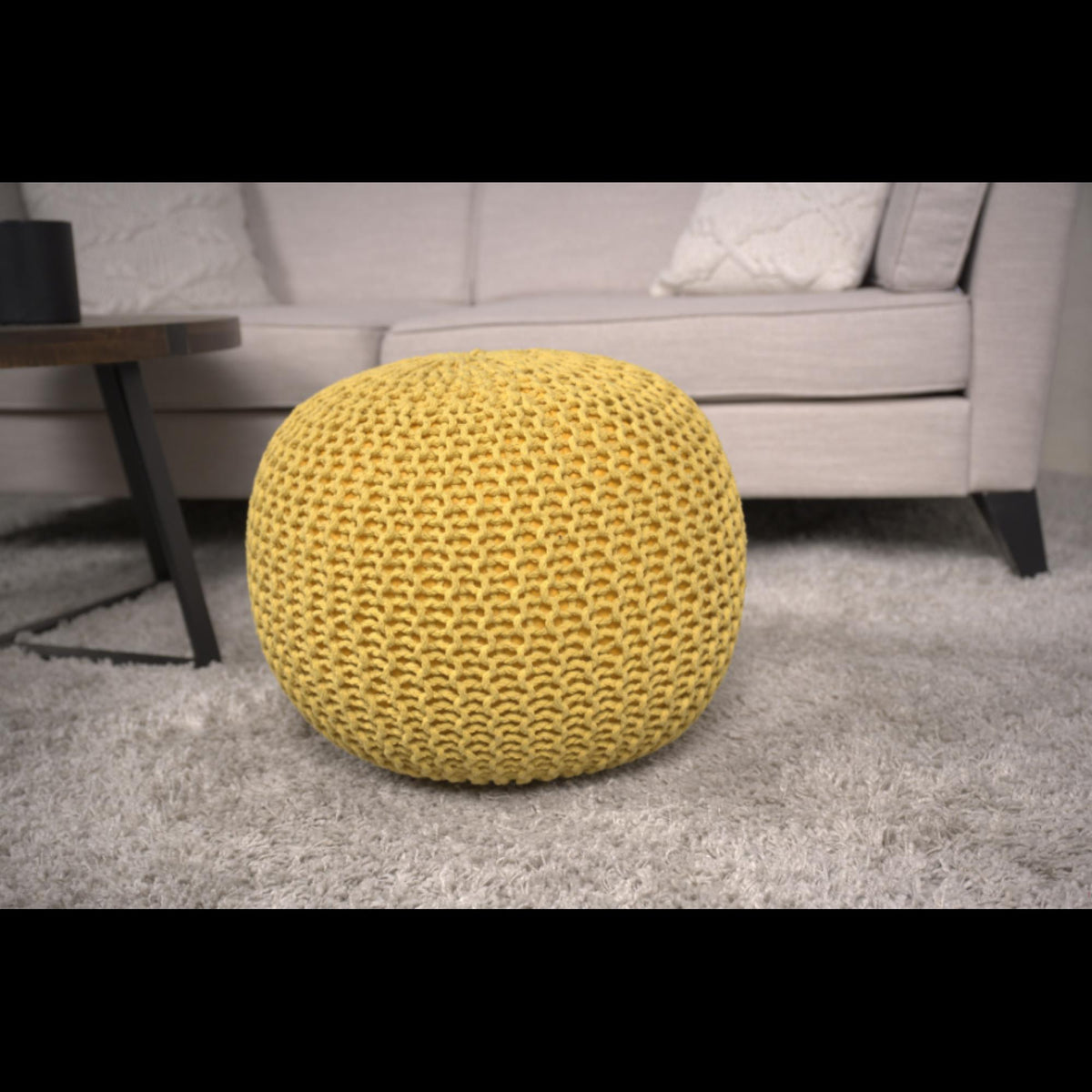 Poseidon Knitted Cotton Round Pouf, Yellow
