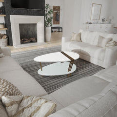 36 Inch Modern Coffee Table, Oval Elliptical Shape, White Mango Wood With Antique Brass