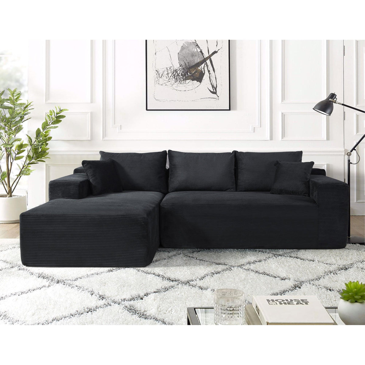2-Piece Convertible Corduroy L-Shaped Sofa in a Box with Pillows, 3-Seater Modular Sectional Couch, Compressed Living Room Furniture, Black (Left Facing)