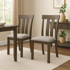 Aphrodite Set of 2 Dining Chairs, Brown Wood Slatted Back, Gray Fabric Seat