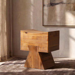 Menelaus Reclaimed Wood Sculptural Stool Ottoman, Honey Aged Brown Reclaimed Pine Wood