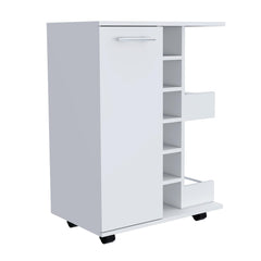 Bar Cart, Two External Shelves, Four Casters, Six Built-in Wine Rack, Single Door Cabinet -White