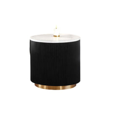 Contemporary Style 1pc Round End Table Marble Top Gold Accent Plinth Base Black White And Gold Finish Primary Living Room
