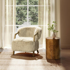 Zeus 33" Rustic Oak Sheepskin Upholstered Accent Arm Chair, Taupe Beige Genuine Fur