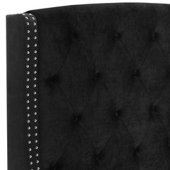 1pc King Size Upholstered Panel Bed Wing Back Headboard Button Tufted Nail head Trim Black Wood Fabric Bedroom Furniture
