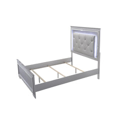 1pc Modern Queen LED Faux Leather Upholstery Panel Bed Beveled Mirror Accents Textured Footboard Silver Beige Finish