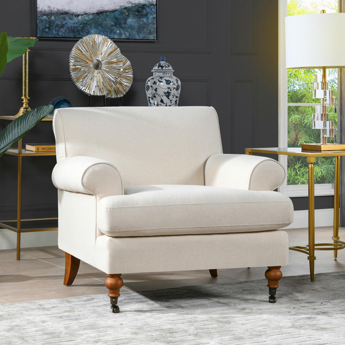 Polyxena 38" Lawson Accent Arm Chair Metal Casters, Light Beige Linen