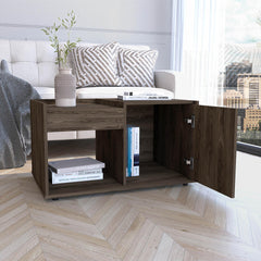 Theseus Coffee Table, Single Door Cabinet, One Open Shelf -Dark Walnut