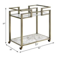 Shangri-La Clear Glass, Faux Marble Top & Wire Brass Finish Serving Cart