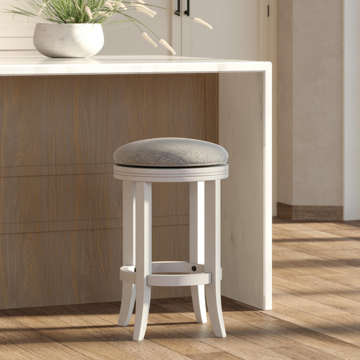 Sanctuary Counter-Height Wood Backless Barstool with Upholstered Gray Swivel Seat, White Frame, 1PC