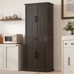 71" LED Kitchen Pantry Cabinet, Farmhouse Storage Cabinet with Door Shelves, Distressed Brown